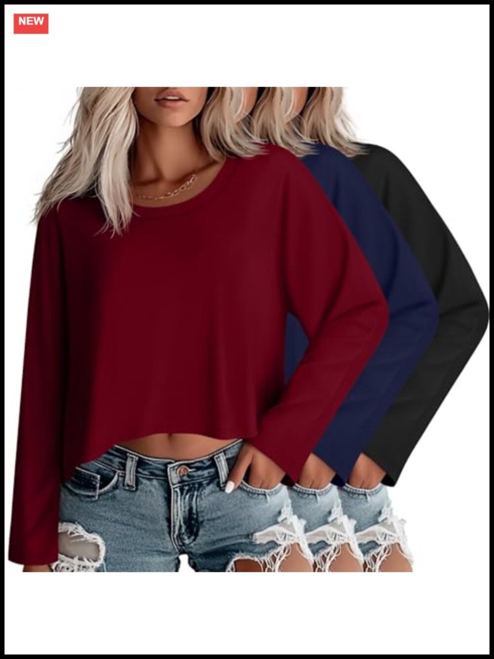 Oversized Cropped Long Sleeve Tops 3 Pack Womens Asymmetric Hem Stretch Crew